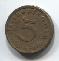 5 пфеннигов 1937 G Германия, редкий тип