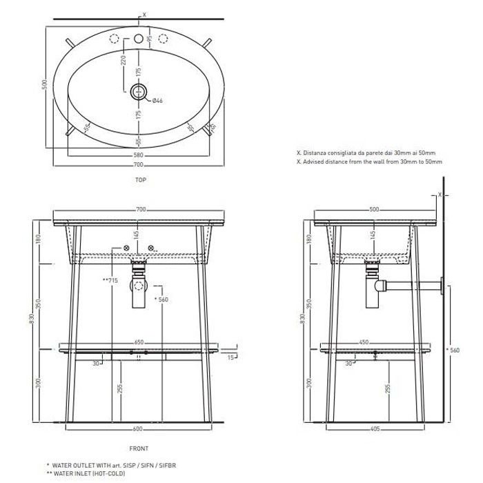 Раковина Cielo Catino Ovale CALAO накладная на мебель 70х50 схема 1