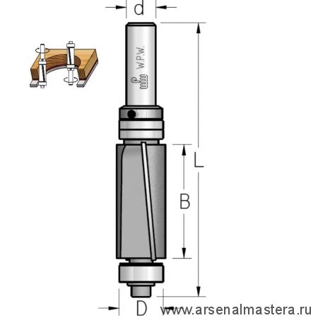 Фреза концевая обгонная для работы по шаблону D 19 B 32 Z 2 копир 2 подшипника верх и низ хвостовик 12 мм WPW FPS5192