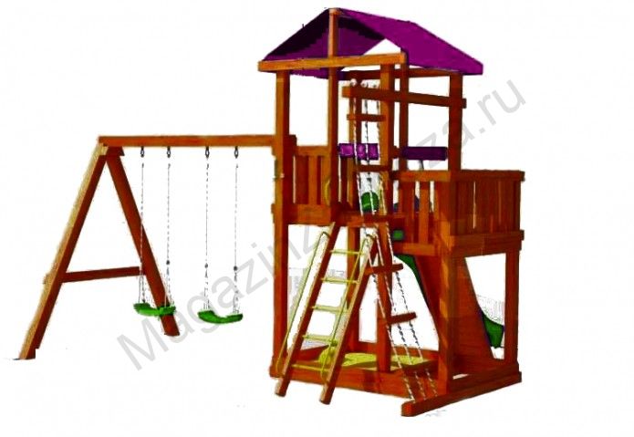 Деревянный игровой городок с 2 качелями и сеткой