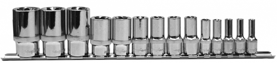 910714 Набор головок торцевых глубоких 1/4", 3/8", 1/2"DR на держателе, внешний TORX®, E4-E24, 14 предметов