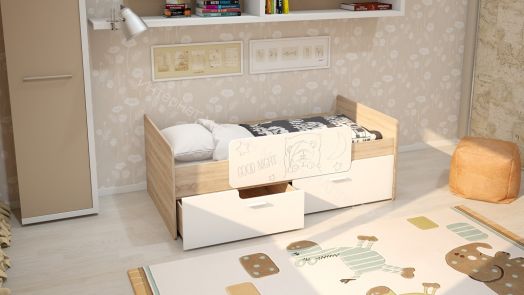 Кровать "Умка" К-001 с 2-мя ящиками Белый глянец/Дуб сонома