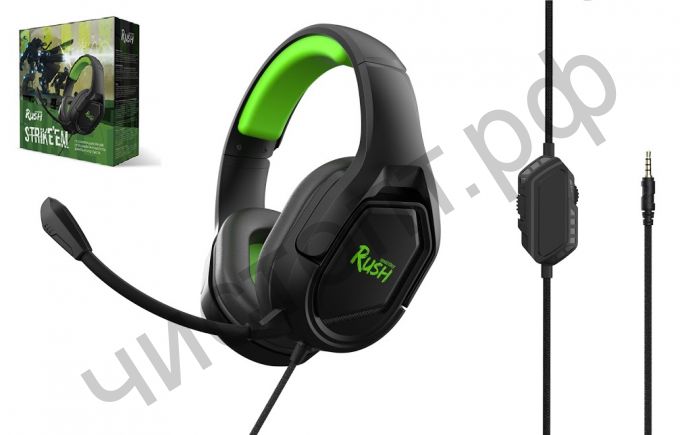 Гарнитура (науш.+микр.) Smartbuy RUSH STRIKE'EM, 50мм, съемный мик, 3,5мм + адаптер 2*3,5мм, черн/зелен (SBHG-9720)