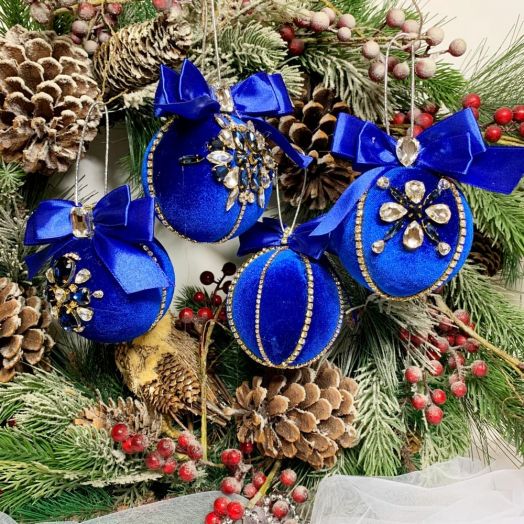Ёлочные шары ручной работы (Синий бархат), набор 4 шт.