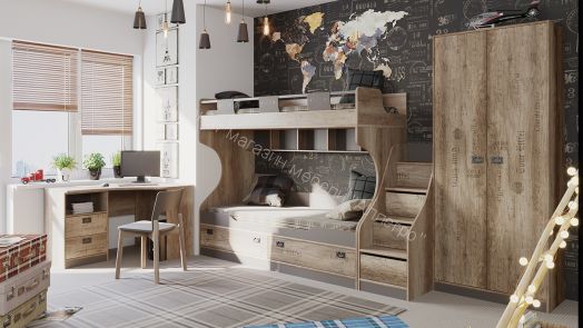 Кровать двухъярусная с приставной лестницей «Пилигрим» (Дуб Каньон светлый, Фон серый)