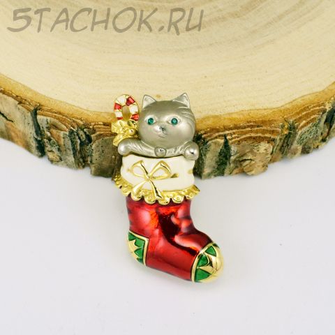 Брошь "Котик в чулке на Новый год" (Danecraft США)