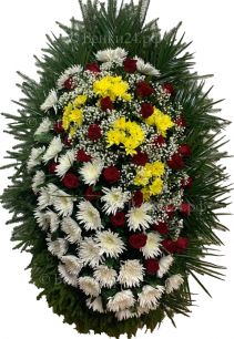Ритуальный венок из живых цветов #3 розы, хризантемы, лапник хвоя