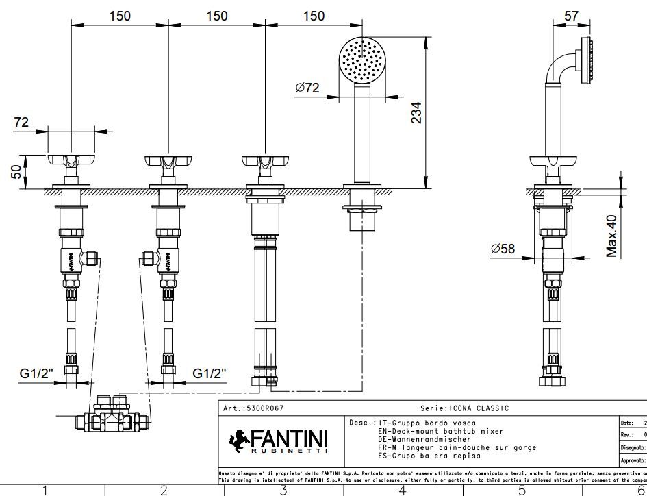 Набортный смеситель для ванны Fantini Icona Classic R067 без излива схема 1