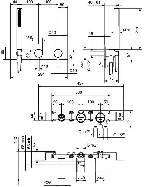 Смеситель для ванны и душа Fantini Nostromo E884B с тремя отверстиями для монтажа схема 2