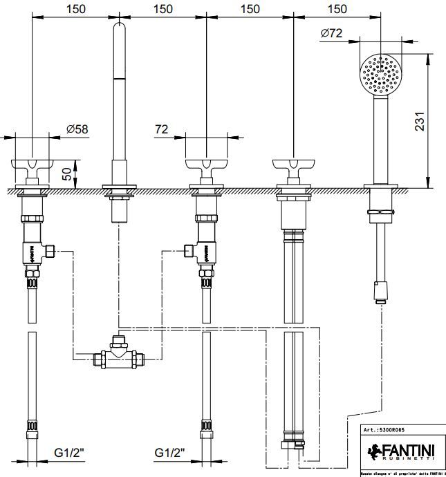 Смеситель на борт ванны Fantini Icona Classic R065 с изливом и лейкой схема 1