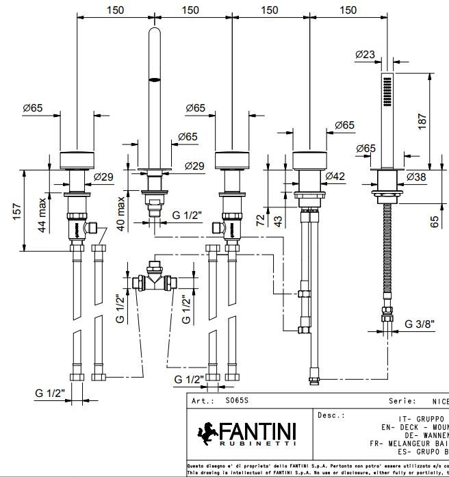 Смеситель на борт ванны Fantini Nice S065S с изливом и лейкой ФОТО