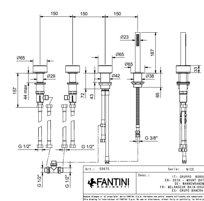 Смеситель для ванны и душа Fantini Nice S067S с лейкой ФОТО