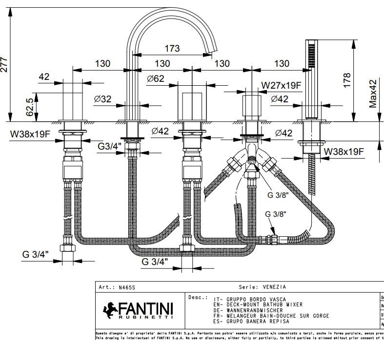 Двухвентильный смеситель на борт ванны Fantini Venezia N465S с изливом и лейкой ФОТО