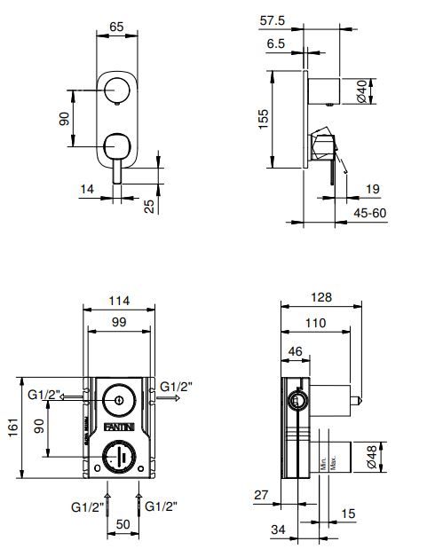 Смеситель для ванны и душа Fantini Lame M485B 15,5х6,5 ФОТО