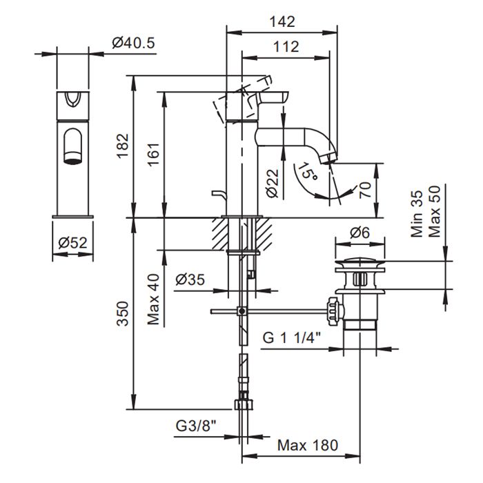 Смеситель для раковины Fantini Icona Classic R404F с донным клапаном схема 1