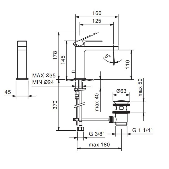 Смеситель для раковины Fantini Mint F004F с донным клапаном схема 1