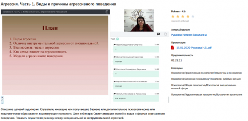Вебинары 'Агрессия: виды и причины, фрустрация, самоповреждающее поведение' (Наталья Русакова)