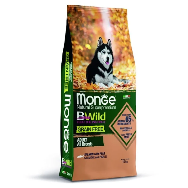Сухой корм для собак Monge BWILD Feed the Instinct беззерновой гипоаллергенный с лососем и горошком 12 кг