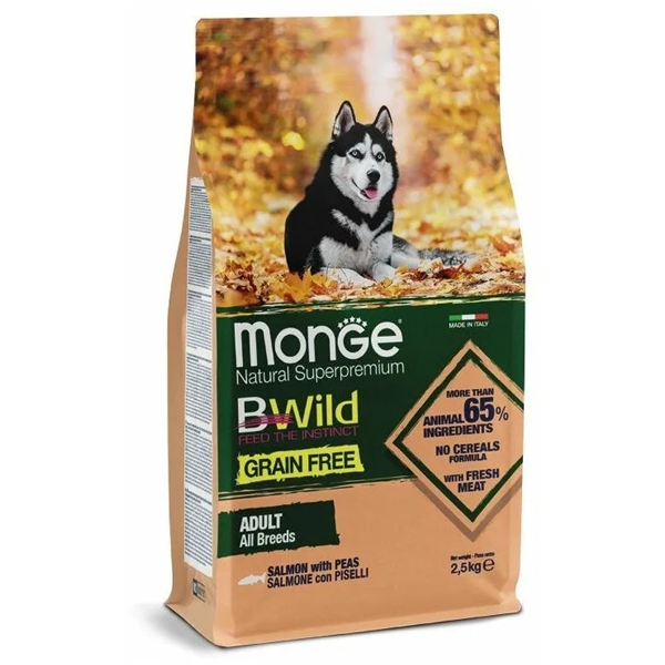 Сухой корм для собак Monge BWILD Feed the Instinct беззерновой гипоаллергенный с лососем и горошком 2.5 кг