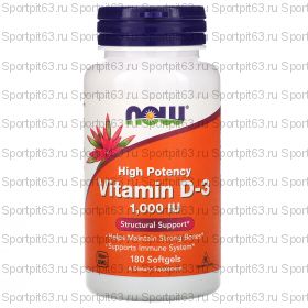 Now Foods, витамин D3, высокоактивный, 25 мкг (1000 МЕ), 180 мягких таблеток