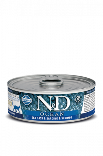 N&D CAT OCEAN SEA BASS, SARDINE&SHRIMP (Морской окунь с Сардиной и Креветками для кошек) 80г.