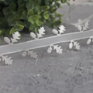 Тесьма декоративная - Листочки и желуди, молочный, 4 см.