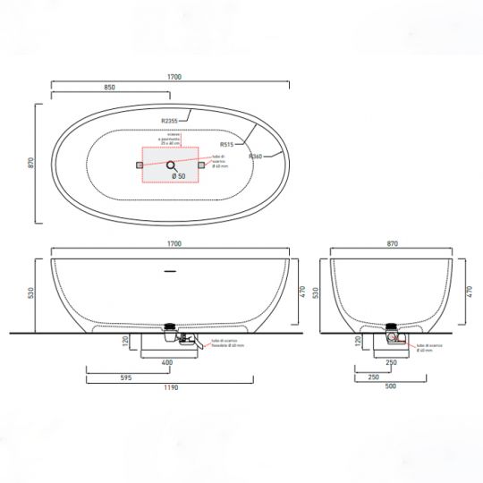 Ванна Cielo Shui Comfort SHCOBAT отдельностоящая 170x87 схема 4