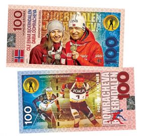 100 kroner - Norway. Bjoerndalen - Domracheva. Biathlon (Бьорндален и Домрачева. Биатлон. Норвегия). Памятная банкнота UNC Oz ЯМ