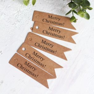 Бирка картонная Merry Christmas, коричневая (5 шт.) 20*68 мм