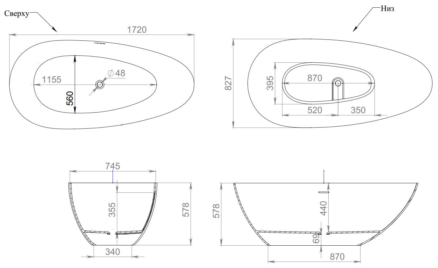 Ванна из искусственного камня Salini Paola Bassa 172x82 S-sense схема 3