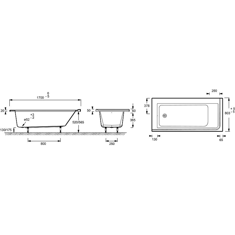 Акриловая ванна Jacob Delafon Formilia 170x80 L E6139L-00 правосторонняя схема 3