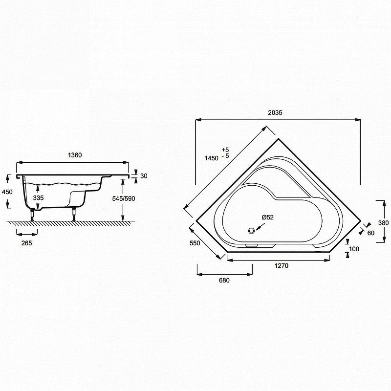 Угловая ванна из акрила Jacob Delafon Bain-Douche 145x145 L E6222RU-00 ФОТО