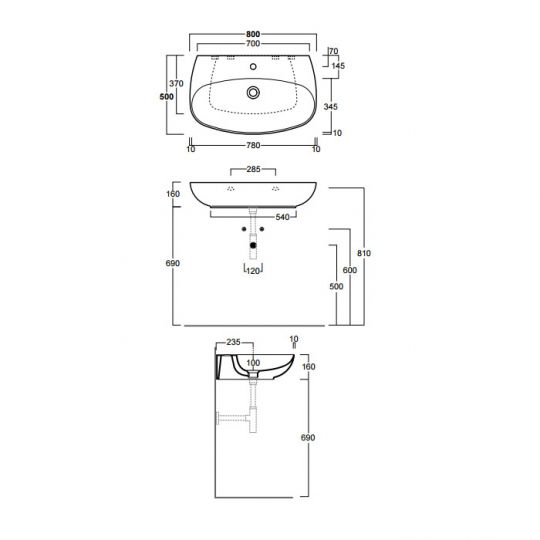 Раковина Simas Vignoni 80x50 с 1 отверстием VI 11 схема 2