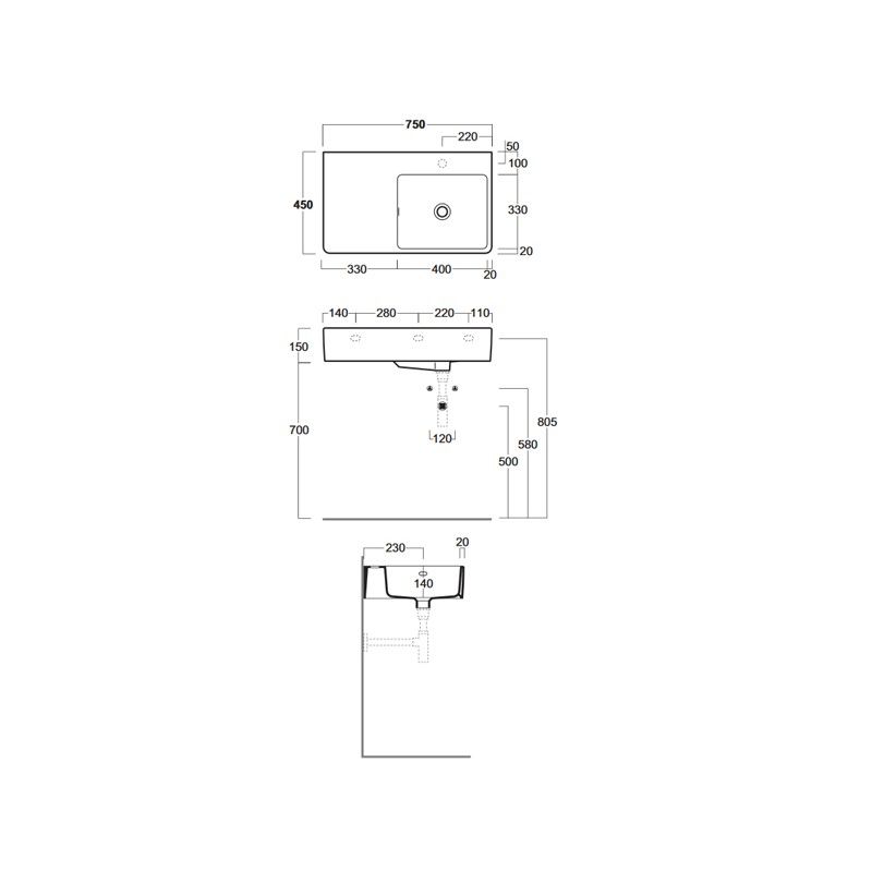 Раковина Simas Lavabi 75x45 с 1 отверстием QU75 схема 2