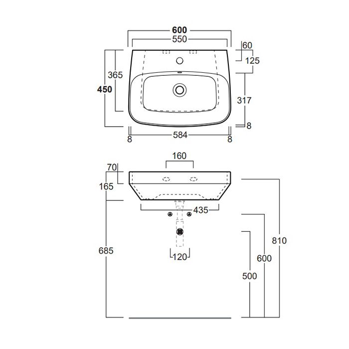 Раковина Simas Baden Baden 60x45 с 1 отверстием BB 10 схема 2