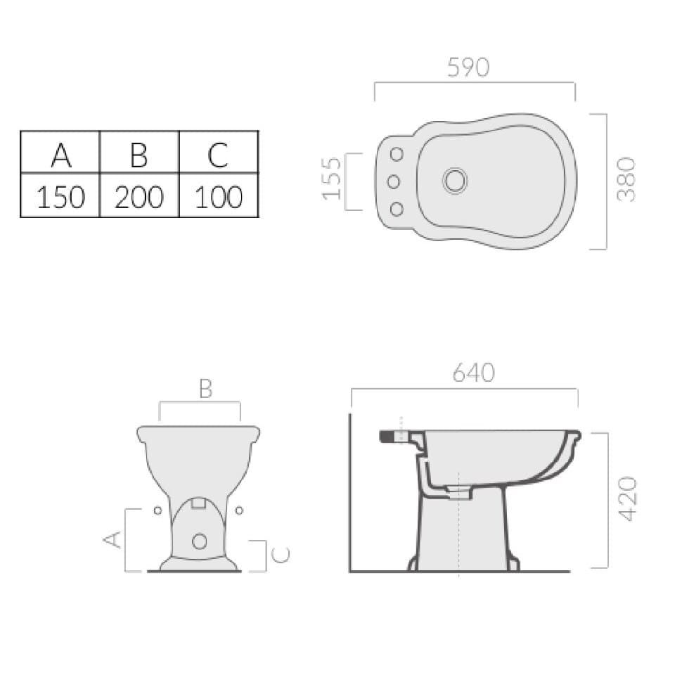 Биде напольное Galassia Ethos 8428 с 1 или 3 отверстиями 59x38 схема 2