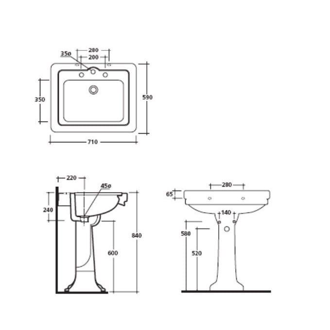 Раковина Galassia Ethos 8400 с 3 отверстиями и переливом 71x58 схема 2