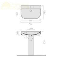 Раковина Galassia M2 5206 с 1 отверстием, 2 намеченными отверстиями и переливом 70x48 схема 2