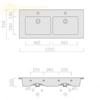 Раковина Galassia Plus Design с 2 отверстиями и переливом 121x51 2044 схема 2