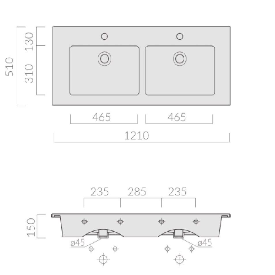 Раковина Galassia Plus Design с 2 отверстиями и переливом 121x51 2044 схема 2