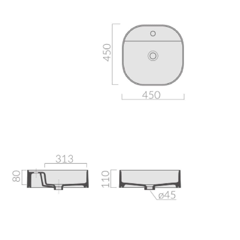 Раковина Galassia SmartB с 1 отверстием без перелива 45x45 7403 схема 2