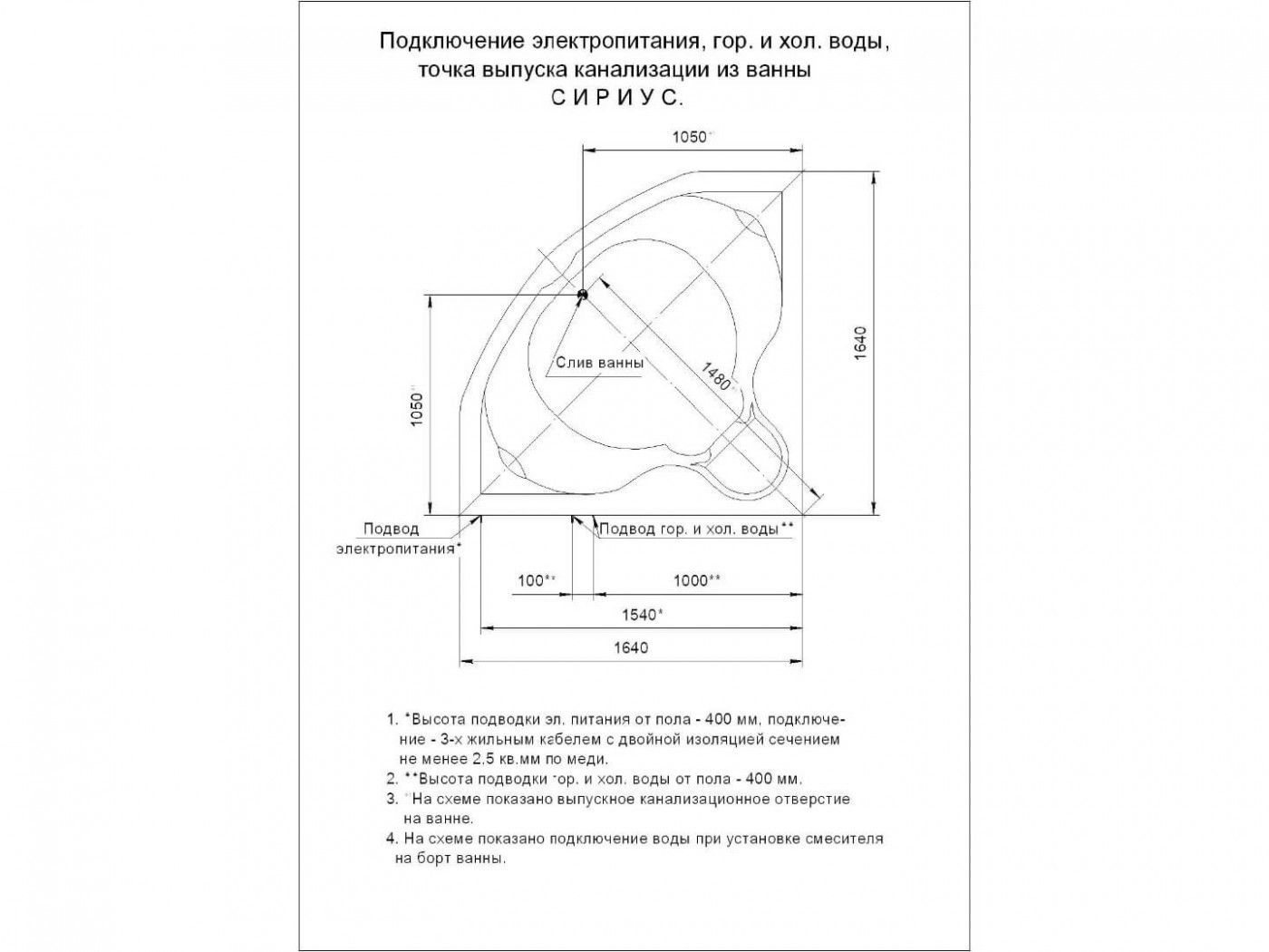 Фирменная ванна Акватек Сириус 164x164 схема 5