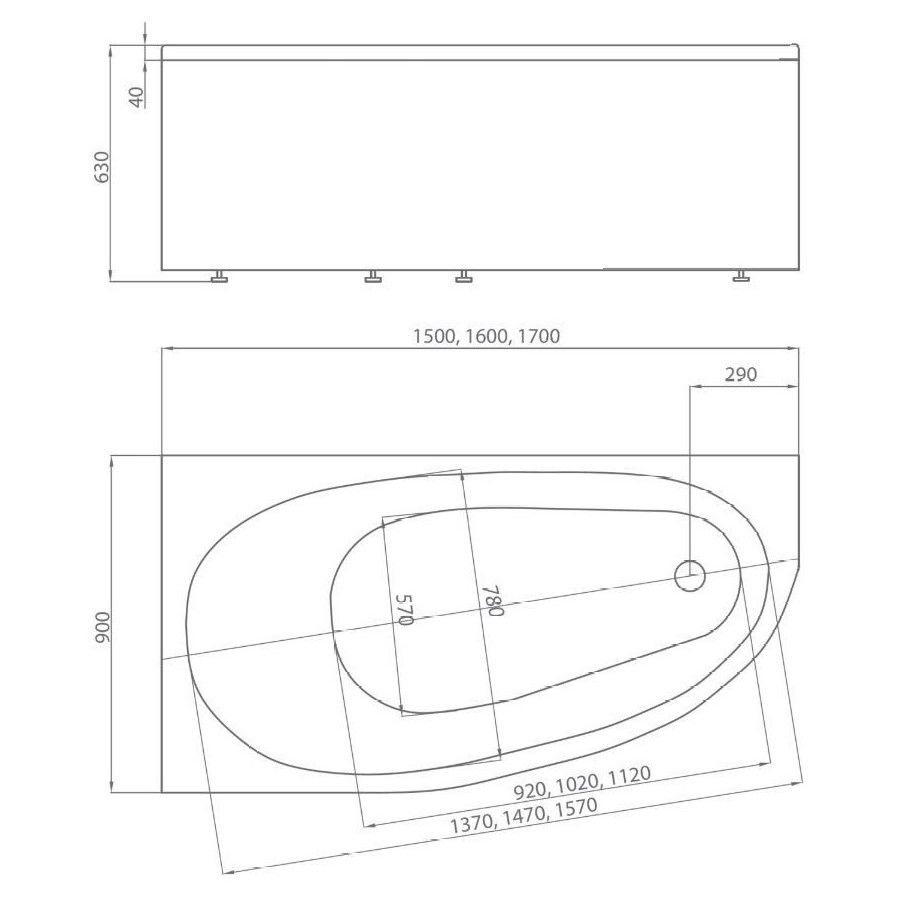 Ассиметричная акриловая ванна Акватек Дива 160х90 схема 2