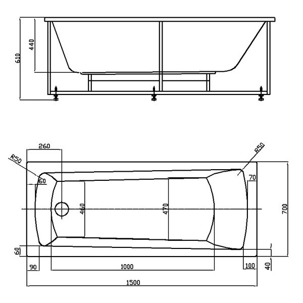 Небольшая пристенная акриловая ванна Акватек Либра NEW 150х70 схема 2