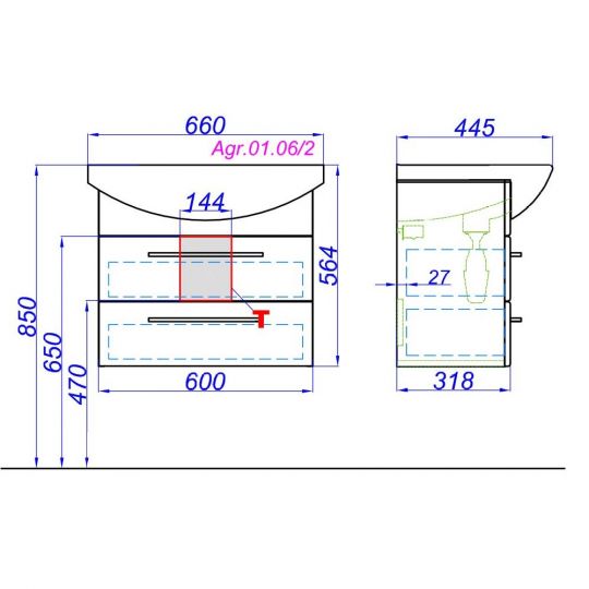 Тумба с раковиной Aqwella Аллегро Agr.01.06/2 2 ящика 66х56,4 схема 2