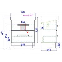 Напольная тумба с керамической раковиной Aqwella Нео 70х45 схема 2