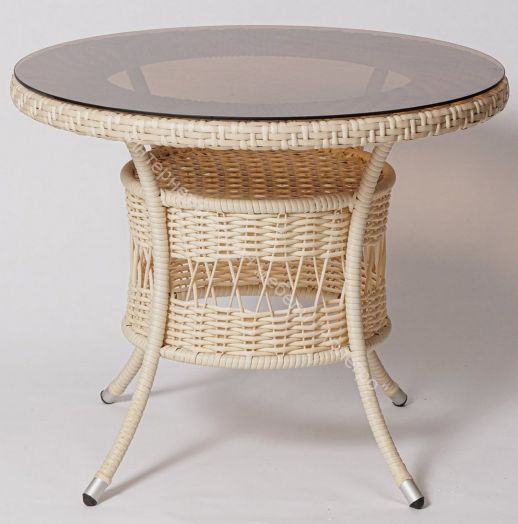 Стол FM-2002 белый (молочный) со стеклом, ротанг искусственный