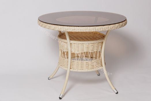 Стол FM-2002 белый (молочный) со стеклом, ротанг искусственный