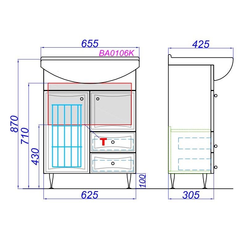 Напольная тумба Aqwella Barcelona с раковиной 66х88 схема 2