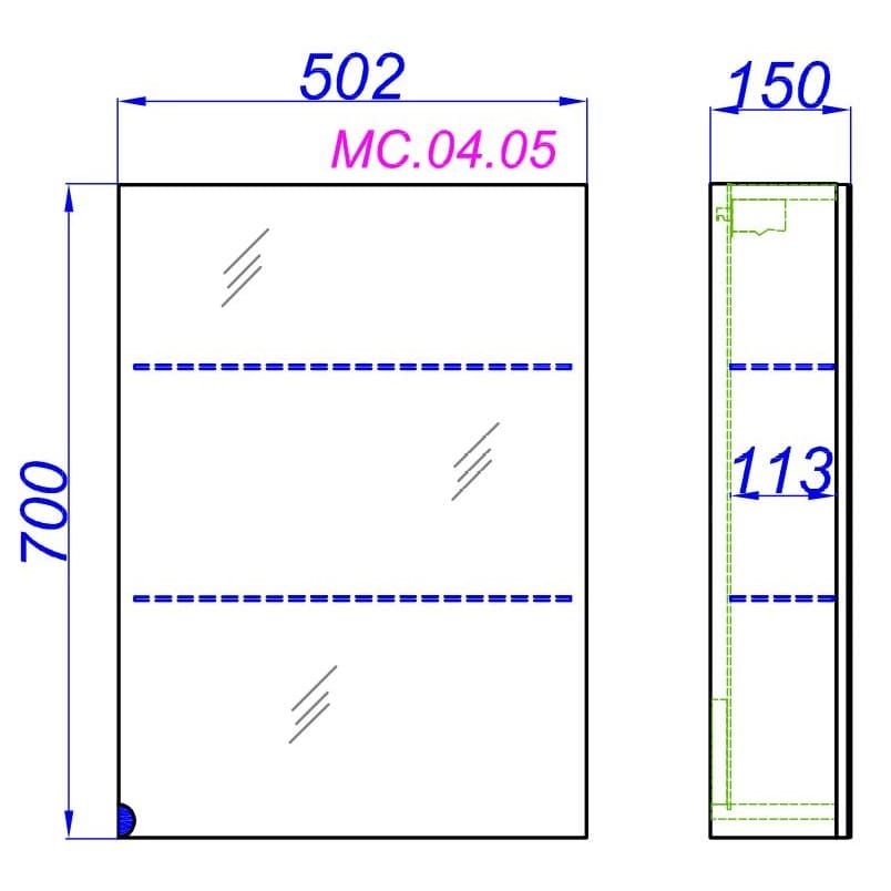 Универсальный зеркальный шкаф с одной дверцей Aqwella MC 50х70 схема 2